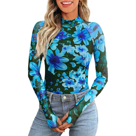 Tops - Women's Floral Blue Mockneck Fashion Spring Lace Sheer Mesh Going Out Tops